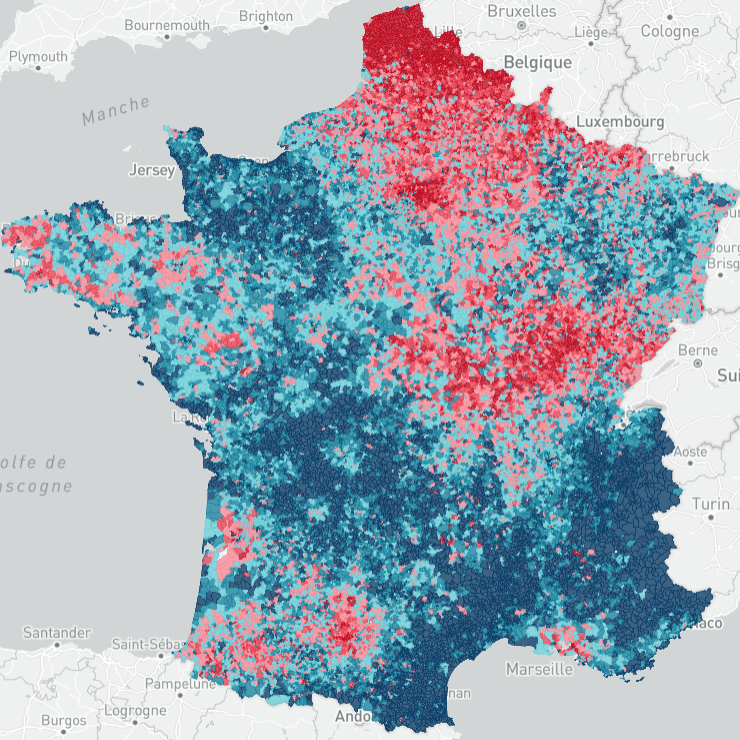 Carte de France - modélisation : % de Français attentifs à la publicité à la radio