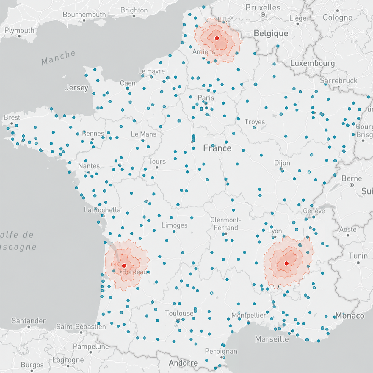 Couverture GeoInsights en France avec trois zones de chalandise